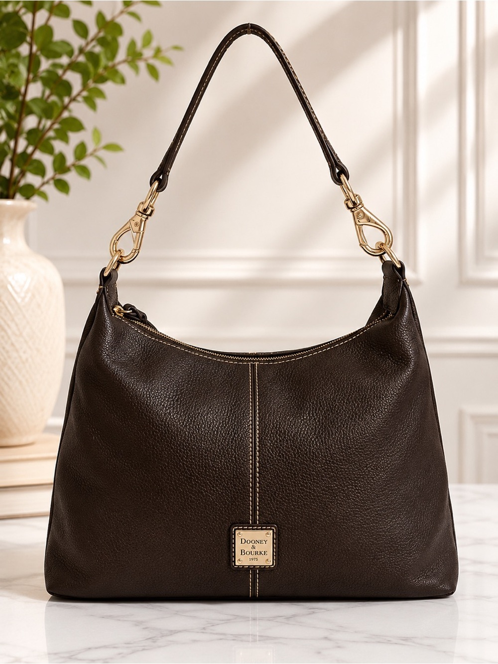 Dooney & Bourke Brown Pebbled Leather Large Hobo Shoulder Bag Zip Top